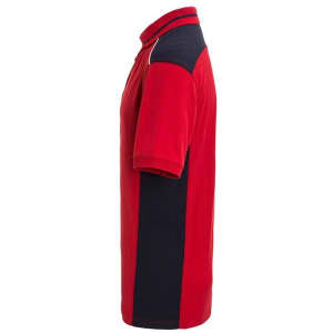 A red and navy work polo shirt with a collar and short sleeves, featuring a logo on the front.