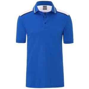A blue men's work polo shirt featuring a white and dark trim, complete with a collar and short sleeves.