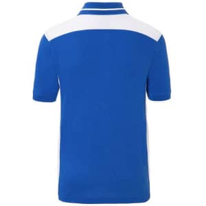 A blue polo shirt with white panel detail at the shoulders and a logo on the back.