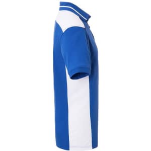 A blue and white men's work polo shirt featuring a collar and short sleeves with a logo on the chest.