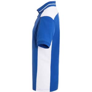 A blue and white men's workwear polo shirt with a collar and short sleeves, featuring a logo.