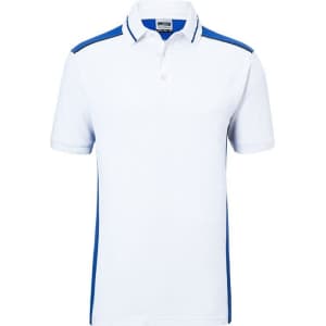 A white men's work polo shirt with blue accent stripes and a collar, featuring a logo.