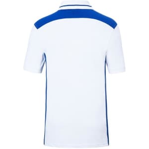 A white polo shirt with blue accents at the shoulders and sides, featuring a logo on the back.