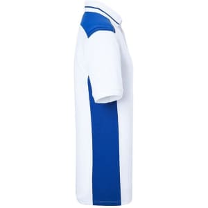 A white polo shirt with blue accents on the shoulders and side panels. Features a collar and short sleeves.
