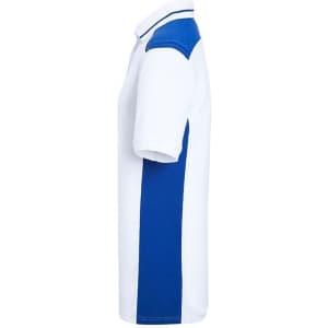 A white men's work polo shirt featuring blue accents on the shoulders and sides, with a logo on the front.