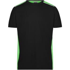 A black men's workwear t-shirt featuring green accents on the shoulders and sides. Includes a logo.