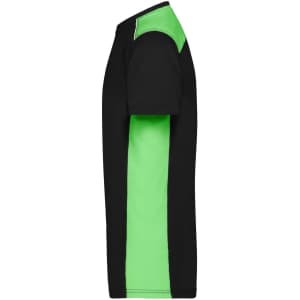A black and green men's workwear T-shirt featuring a logo on the chest and contrasting shoulder panels.
