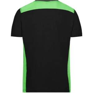 A black T-shirt with green accents on the shoulders and sides. It includes a logo on the design.