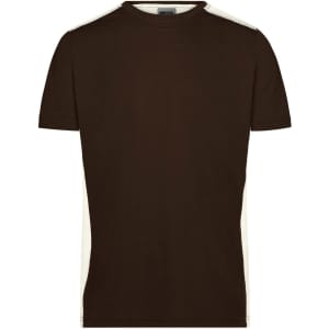 A brown men's workwear T-shirt featuring cream side panels and a logo on the label. Short-sleeved design.