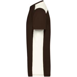 A brown and cream men's workwear t-shirt featuring short sleeves and a logo on the upper left.
