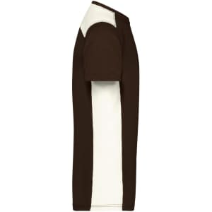 A brown and cream men's workwear T-shirt featuring short sleeves and a logo on the chest.