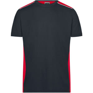A men's workwear t-shirt in navy blue with red accents and a logo. Features a classic crew neck design.