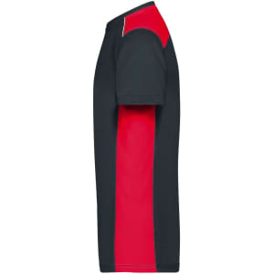 Men's workwear T-shirt in navy with red side panels. Features a logo on the front. Suitable for work environments.