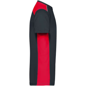A men's workwear t-shirt in navy and red, featuring a logo on the side.