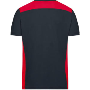 A men's workwear t-shirt featuring a navy body with red side panels and a logo.