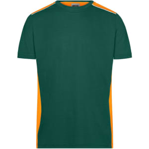 A green and orange men's workwear T-shirt featuring a crew neck and short sleeves, with a logo on it.