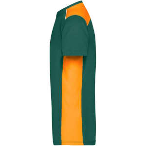 A green and orange men's workwear T-shirt featuring short sleeves and a side stripe design.