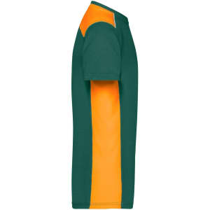 A green and orange men's workwear T-shirt featuring a contrasting colour scheme and a logo on the chest.
