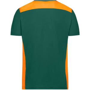 A green and orange men's workwear T-shirt, featuring a contrasting design on the shoulders and sides.
