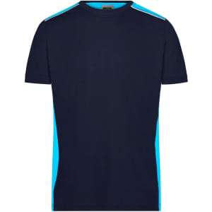 A navy blue men's workwear t-shirt with light blue accents on the shoulders. It has a logo on the front.