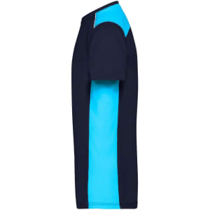 A men's workwear t-shirt featuring navy and bright blue panels, with a logo on the front.