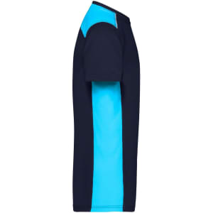 A men's workwear T-shirt featuring a navy body with bright blue accents on the shoulders and sides. It has a logo.