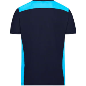 A men's workwear T-shirt in navy blue with light blue accents, featuring a logo on the back.