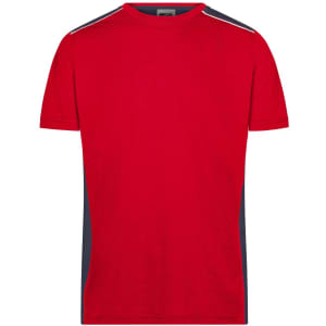 A red workwear t-shirt featuring navy side panels and a logo. Short-sleeved design suitable for work environments.