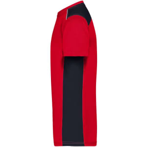 A red and navy workwear T-shirt with a crew neck and short sleeves, featuring contrasting side panels.