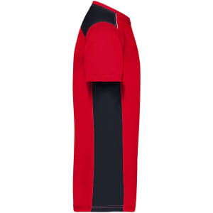 A red and navy men's workwear T-shirt featuring short sleeves and a side panel design. It includes a logo.