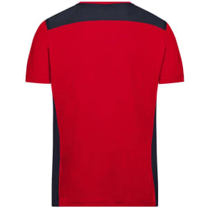 A red men's workwear t-shirt featuring navy blue accents on the shoulders and sides, with a logo on the back.