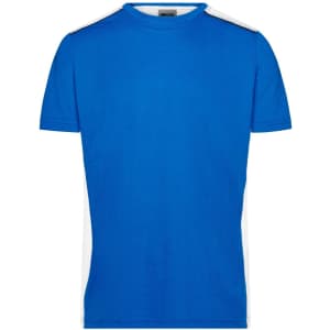 A blue men's workwear t-shirt with white side panels and a branding logo on the chest.