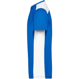 A blue and white men's workwear T-shirt featuring short sleeves and a side panel design. It includes a logo.