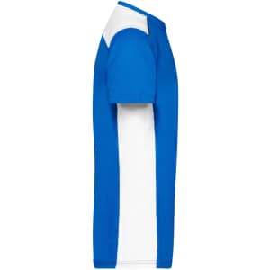 A blue and white men's workwear T-shirt with short sleeves and a fitted design. It features a logo on the front.