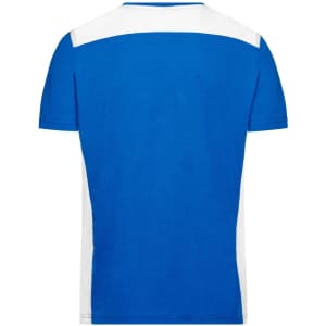 A blue men's workwear t-shirt with white accent panels and a logo on the back.