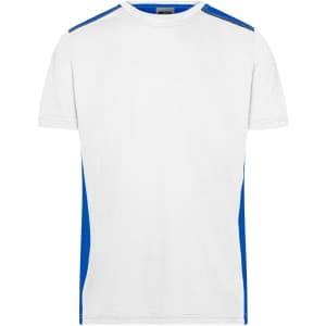 A short-sleeved men's work t-shirt in white with blue side panels and a logo on the front.