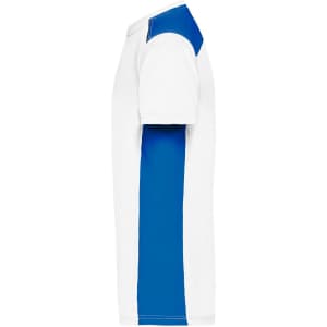 A men's workwear T-shirt featuring a white body and blue sleeves. It has a logo on the front.