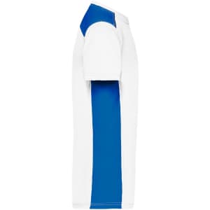 A men's white work T-shirt featuring blue shoulder panels and a logo. Side view demonstrates the design and fit.