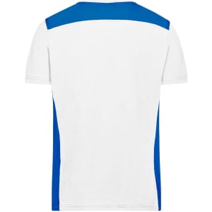 A men's workwear t-shirt featuring a white base with blue accents on the sides and shoulders. It has a logo.