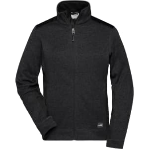 A black knitted fleece jacket with a zip front, high collar, and logo on the lower side.