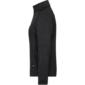 A side view of a women's black knitted workwear fleece jacket with a zippered pocket and a branded logo.