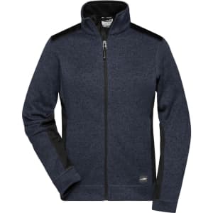 A navy blue fleece jacket with black accents and a zippered front, featuring long sleeves and a high collar.
