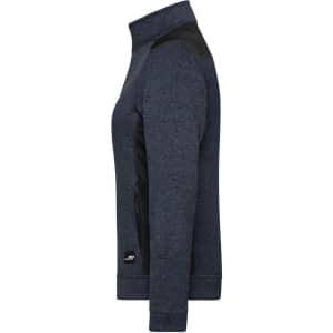 A ladies' knitted workwear fleece jacket in navy blue with black accents and a zippered pocket. Features a logo.