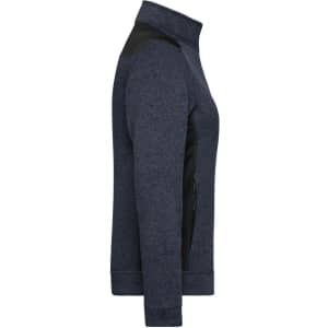 A side view of a ladies’ knitted workwear fleece jacket in dark blue, featuring black accents and a zippered pocket.