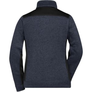 A dark blue polar fleece jacket designed for women, featuring black shoulder panels and a high collar.