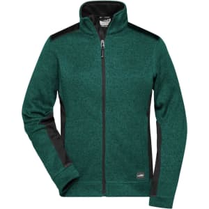 A teal knitted fleece jacket with black accents, featuring a high collar and zippered front. Includes a logo.
