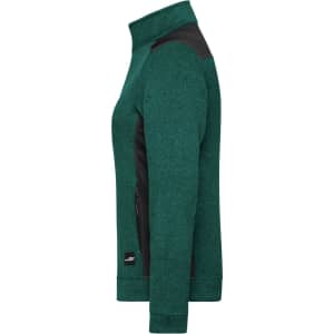 A green knitted fleece jacket with black accents, featuring a high collar and zippered pockets.
