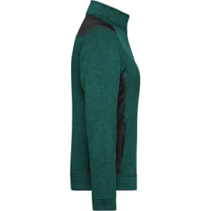 A green ladies knitted workwear fleece jacket with black accents, featuring a side zip pocket and a logo.