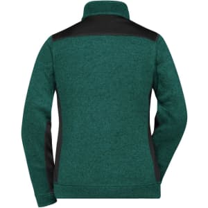 A ladies' knitted workwear fleece jacket in green with black accents, featuring a high collar and a branded logo.