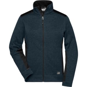 A knitted polar fleece jacket in navy with black accents, featuring a zip front and a logo on the hem.